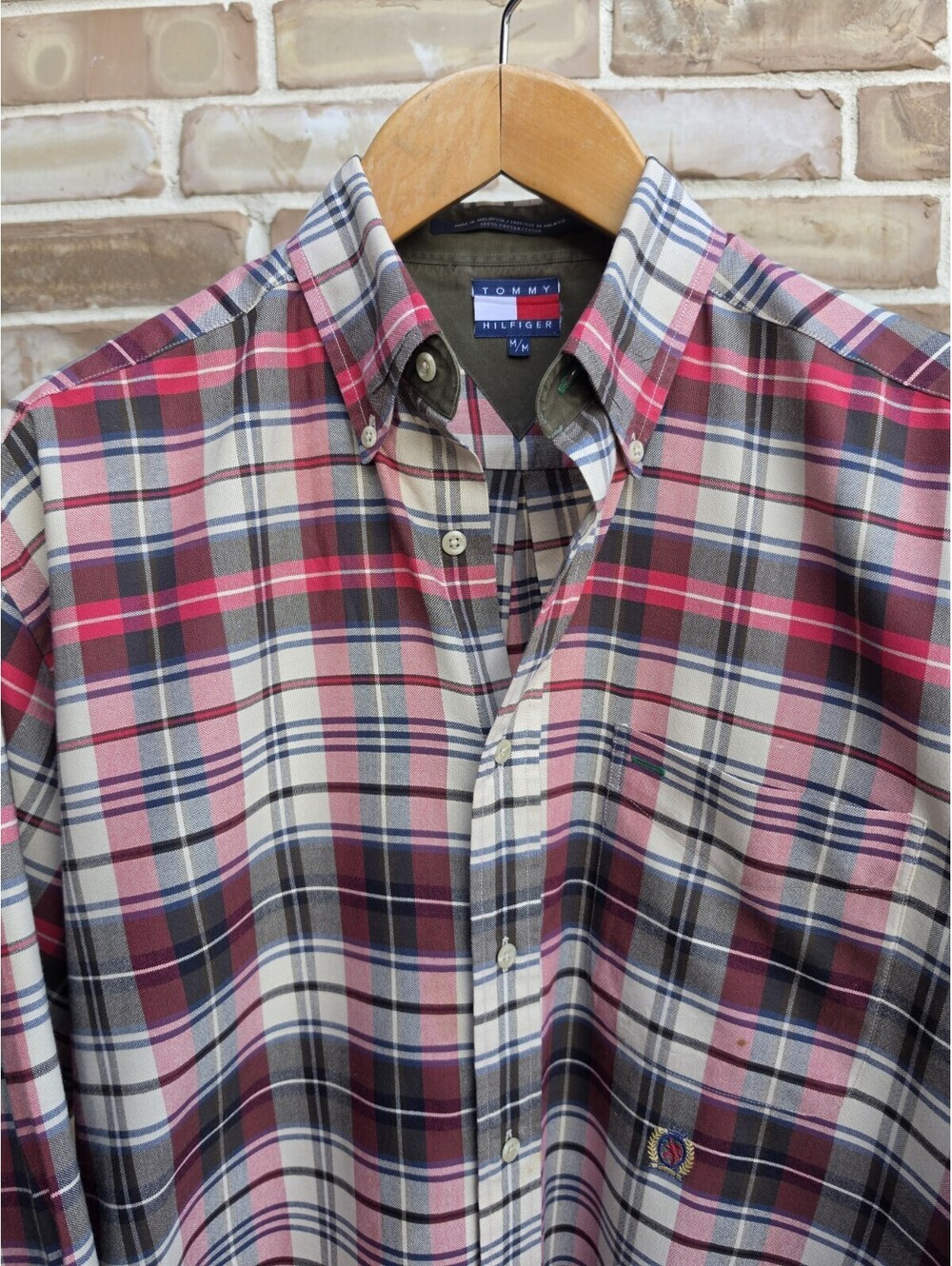 Vintage Tommy Hilfiger Shirt Mens M Pink Blue Plaid Crest 90s Y2K Cotton